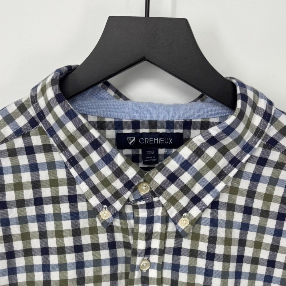 Mens 2XB Button Up‎ Shirt Gingham Check Long Sleeve Supima Cotton Blue Green Big